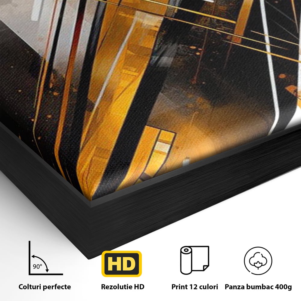 Detaliu al suprafetei: tablou canvas cu forme geometrice abstracte, in rama de aluminiu negru